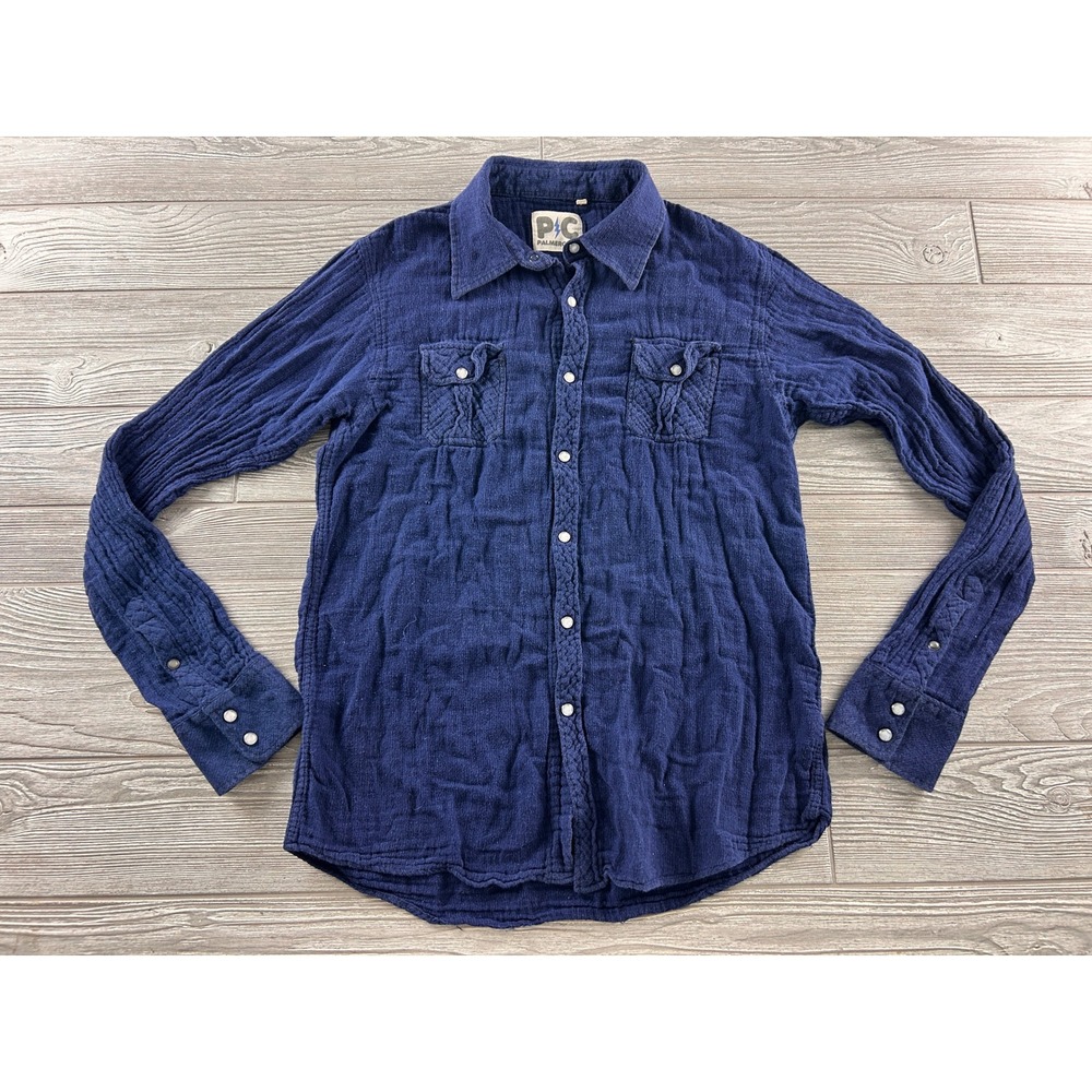 Palmercash Mens XL Navy Blue Cotton Gauze Long Sleeve Snap Button Down Shirt